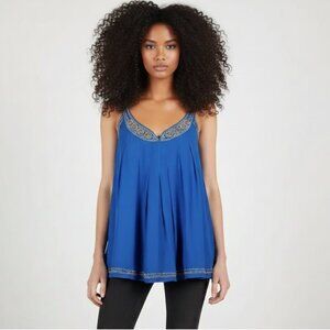 French Connection 100% Silk Beaded Blue Boho Top • Sleeveless Swing Silhouette